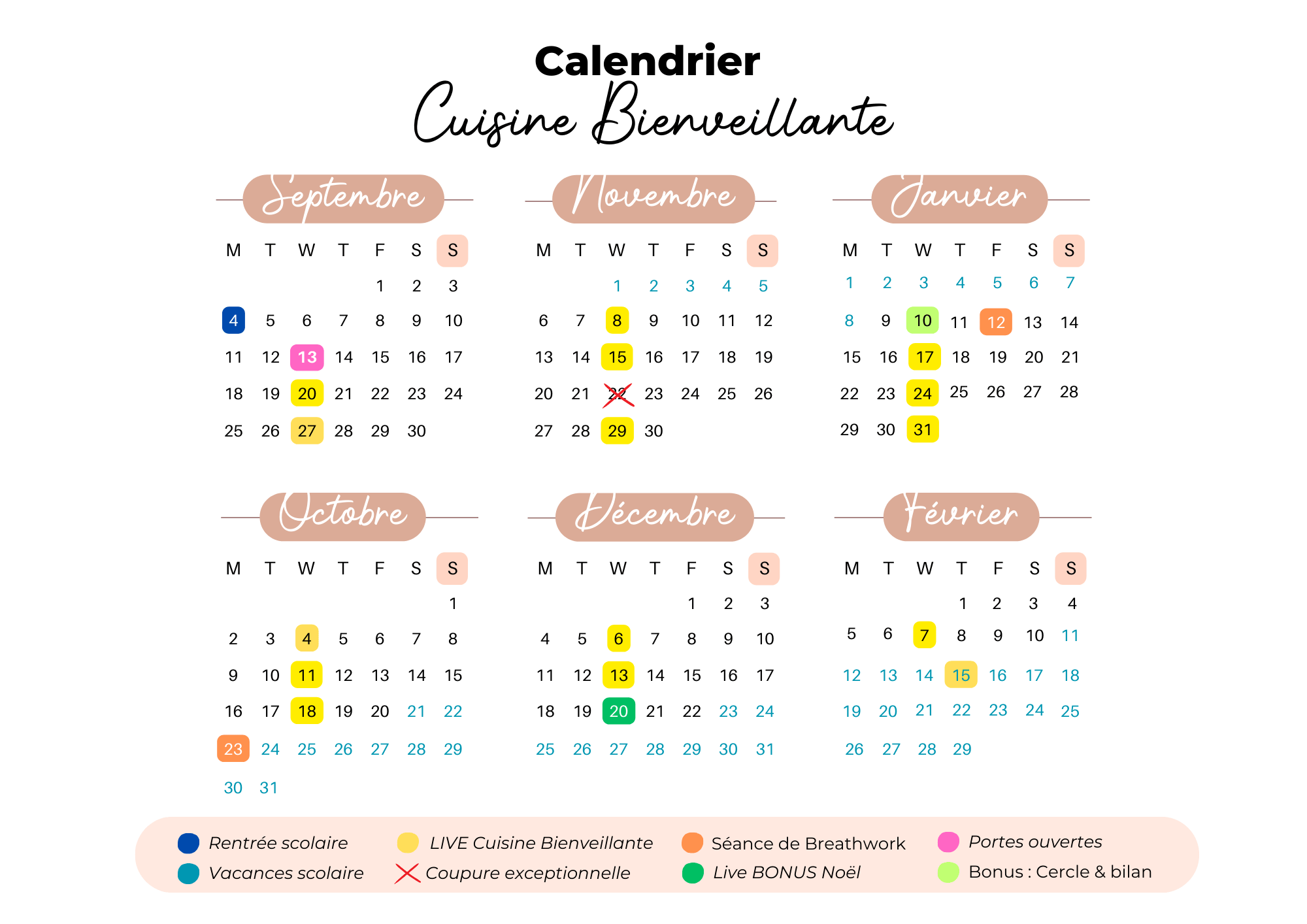 Calendrier cours formation cuisine